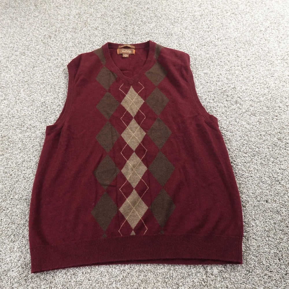 100% Cashmere Tasso Elba Men's Burgundy V-Neck Argyle Sweater Vest Medium